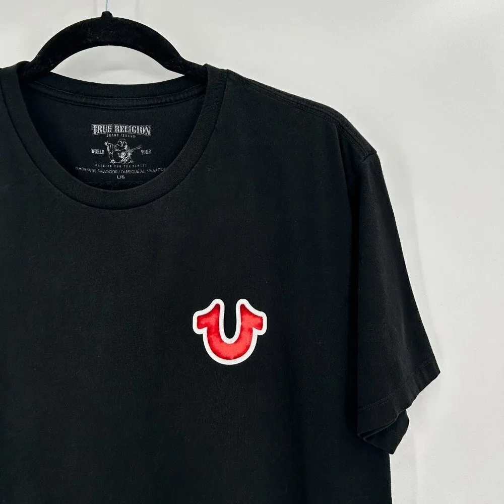 TRUE RELIGION Men's Basic Black Red Logo Graphic Print Cotton T-Shirt Size Large